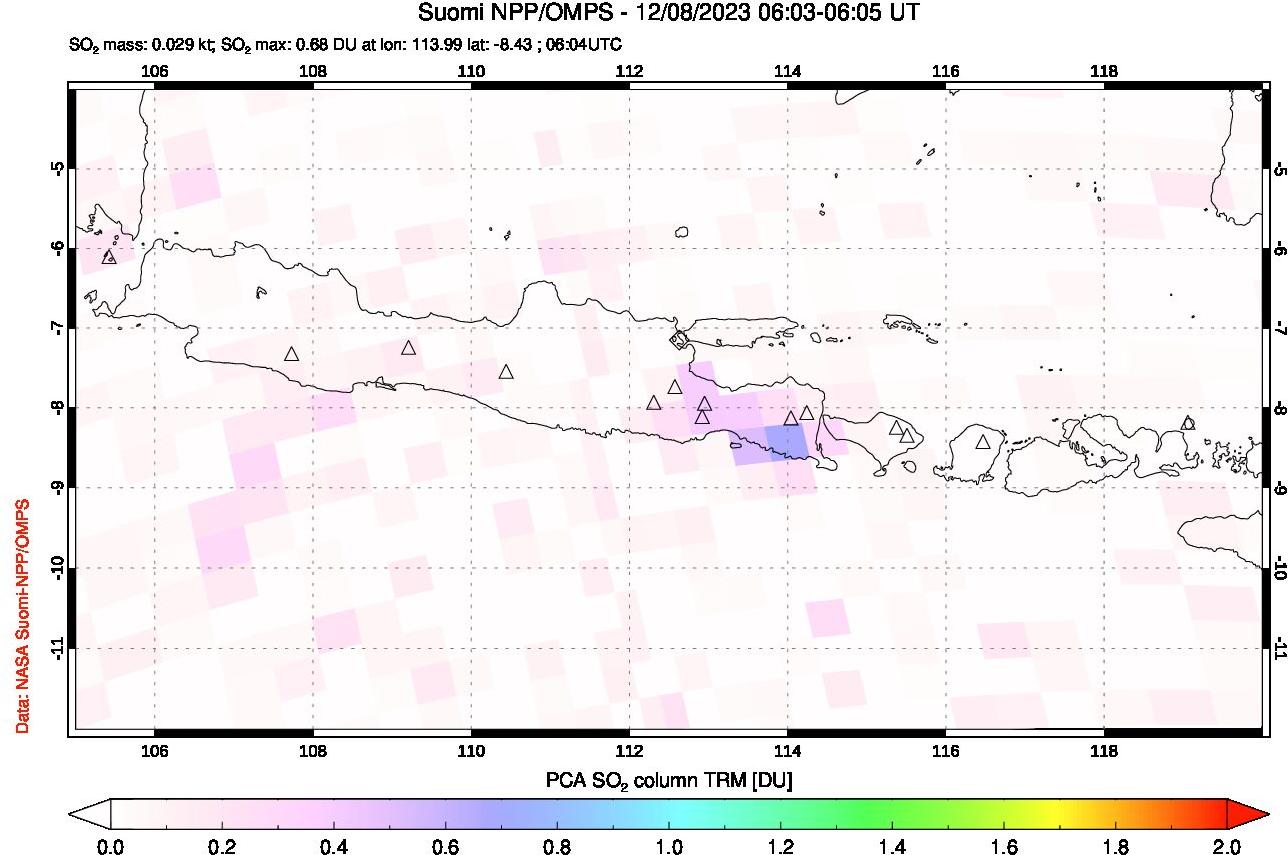 A sulfur dioxide image over Java, Indonesia on Dec 08, 2023.