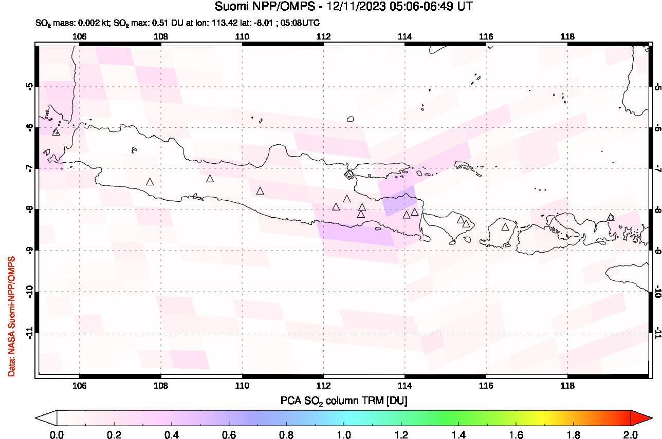 A sulfur dioxide image over Java, Indonesia on Dec 11, 2023.