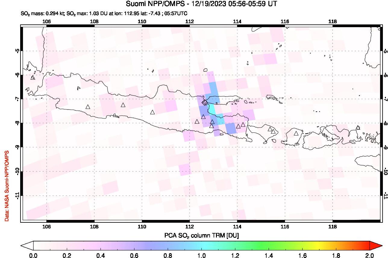 A sulfur dioxide image over Java, Indonesia on Dec 19, 2023.