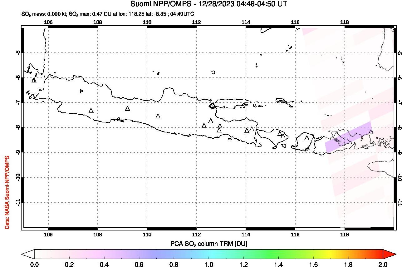 A sulfur dioxide image over Java, Indonesia on Dec 28, 2023.