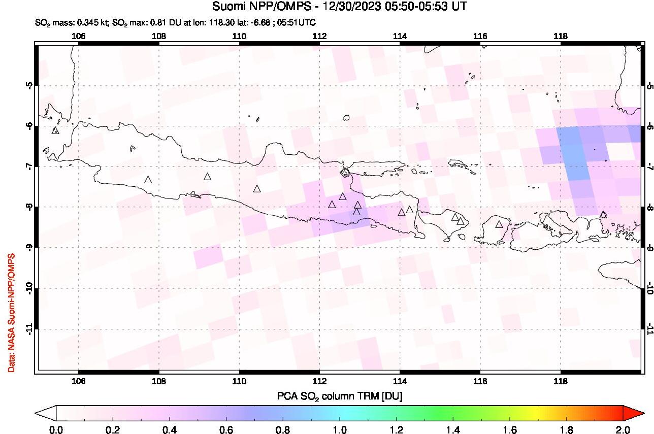 A sulfur dioxide image over Java, Indonesia on Dec 30, 2023.