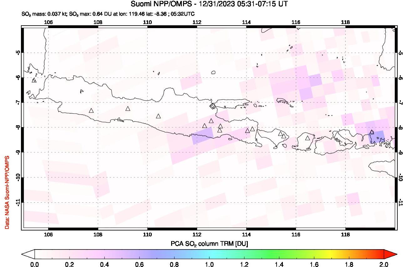 A sulfur dioxide image over Java, Indonesia on Dec 31, 2023.