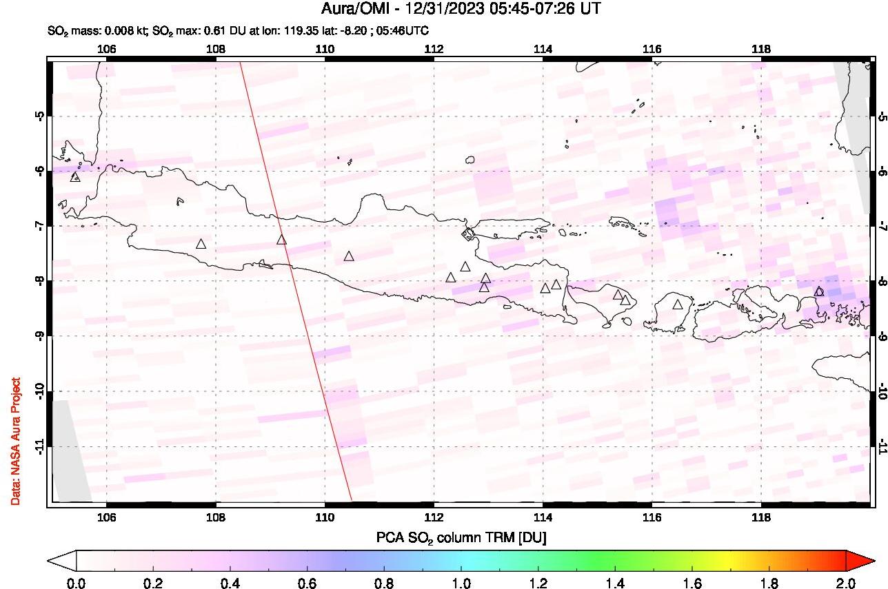 A sulfur dioxide image over Java, Indonesia on Dec 31, 2023.