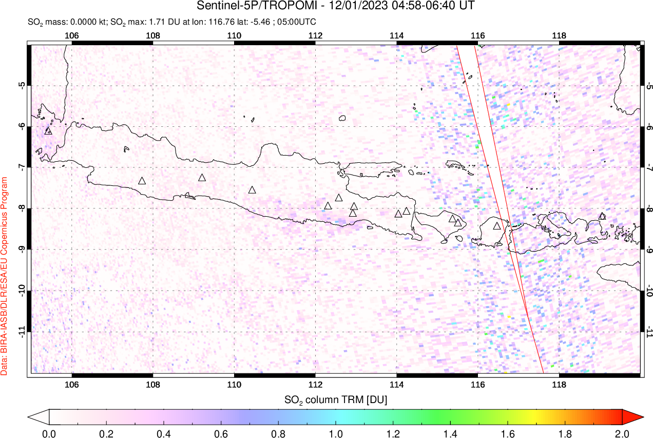 A sulfur dioxide image over Java, Indonesia on Dec 01, 2023.