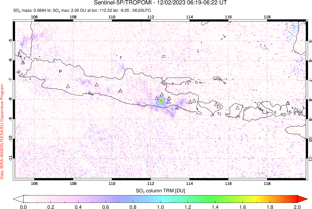 A sulfur dioxide image over Java, Indonesia on Dec 02, 2023.