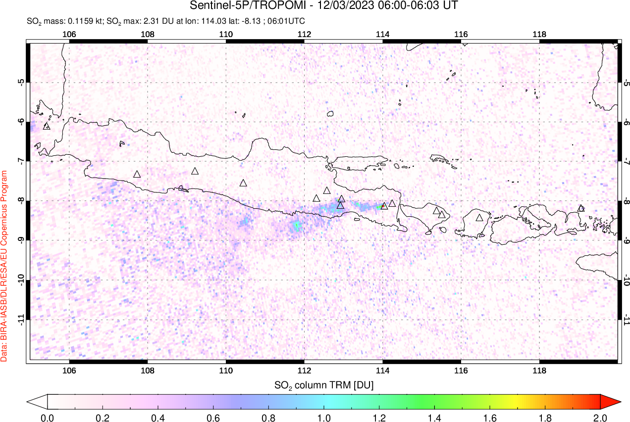 A sulfur dioxide image over Java, Indonesia on Dec 03, 2023.