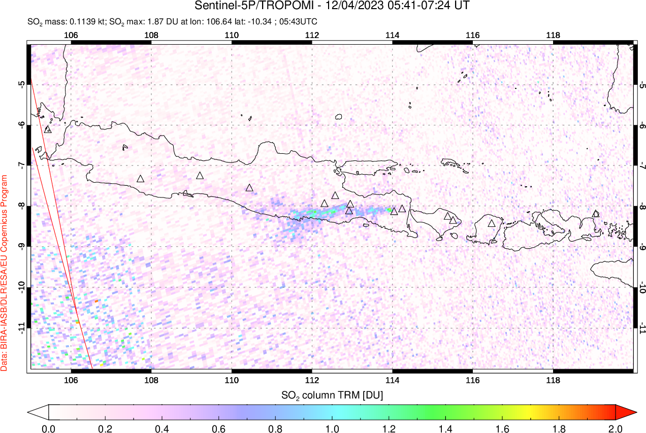 A sulfur dioxide image over Java, Indonesia on Dec 04, 2023.