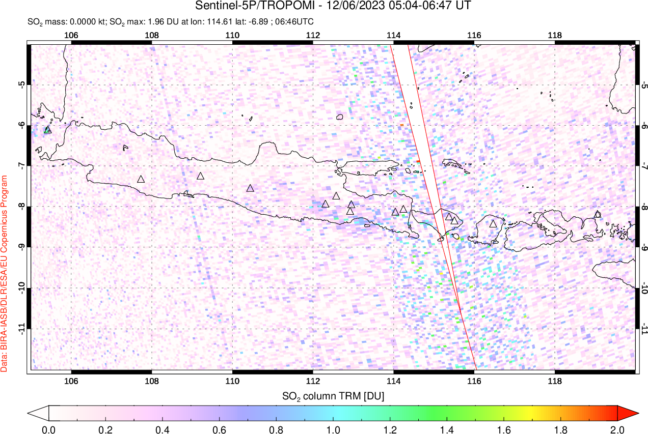 A sulfur dioxide image over Java, Indonesia on Dec 06, 2023.