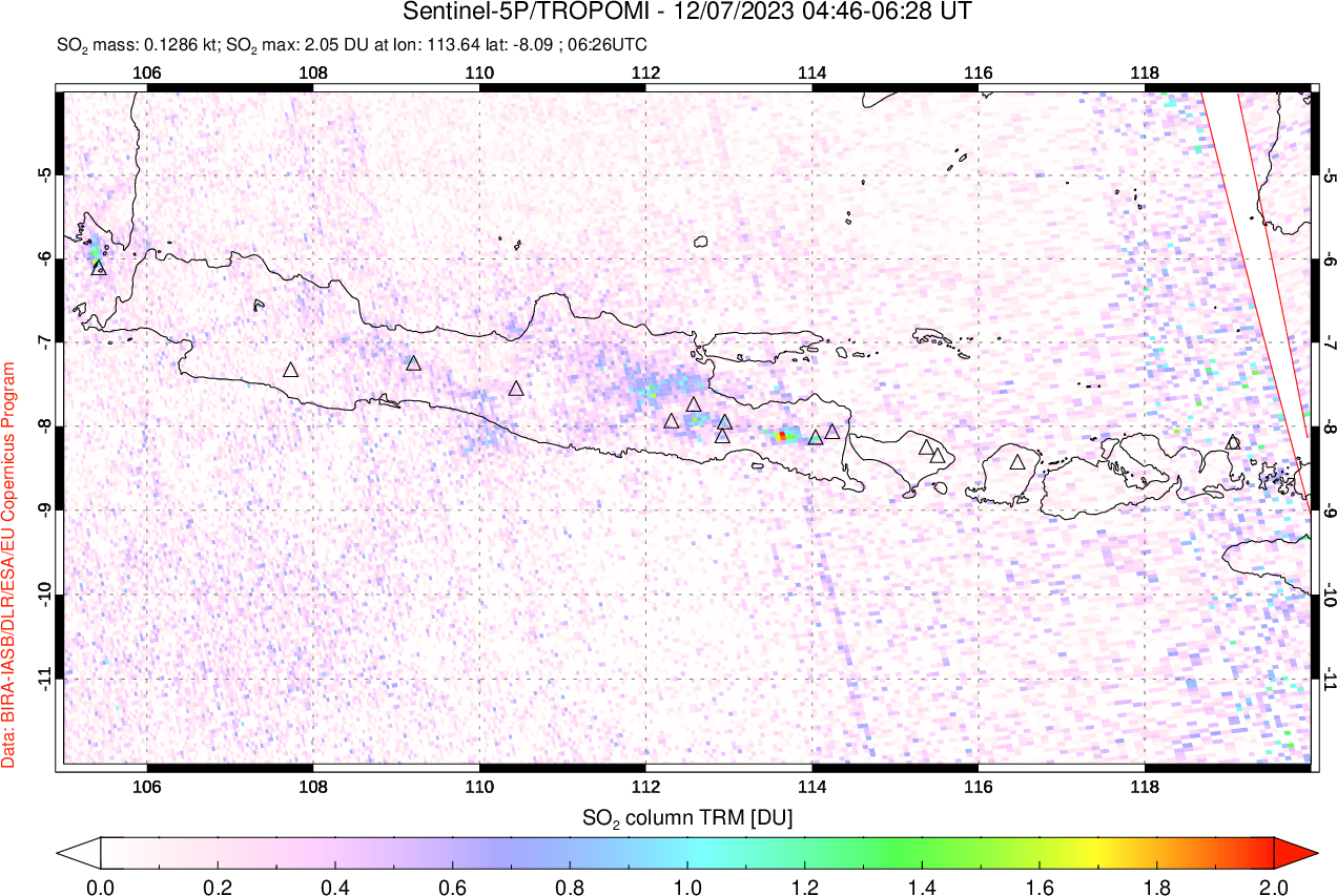 A sulfur dioxide image over Java, Indonesia on Dec 07, 2023.