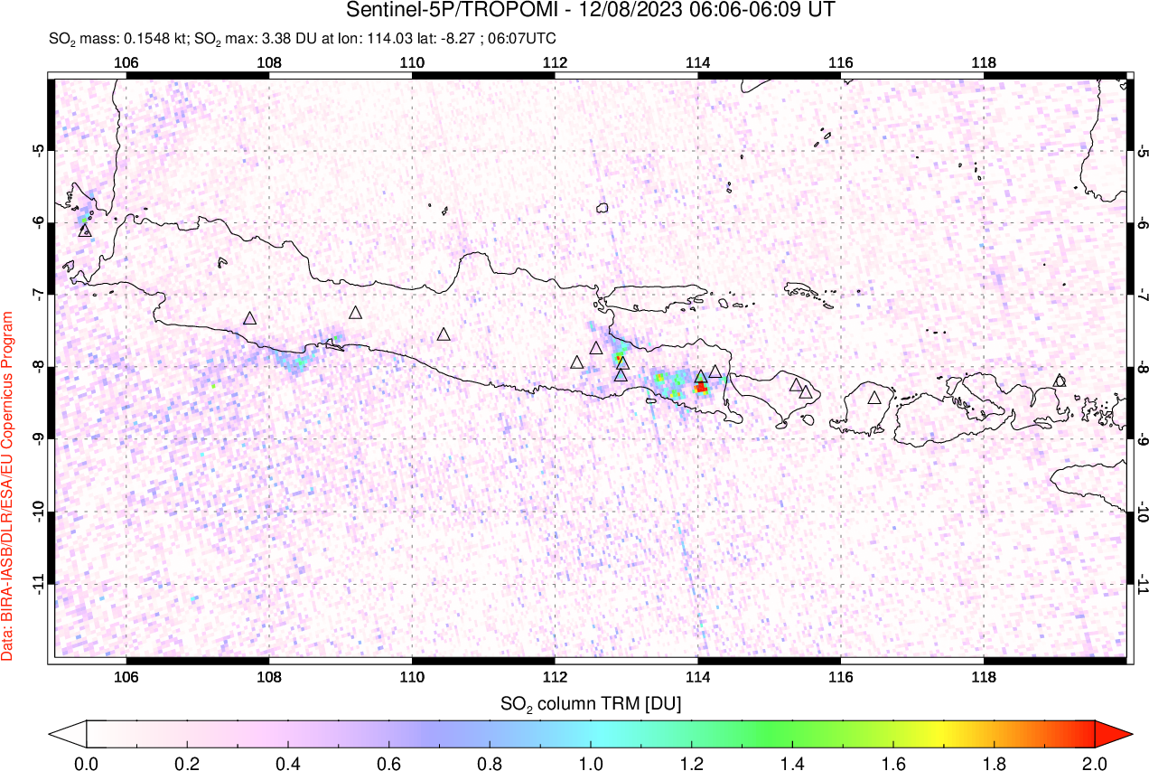 A sulfur dioxide image over Java, Indonesia on Dec 08, 2023.