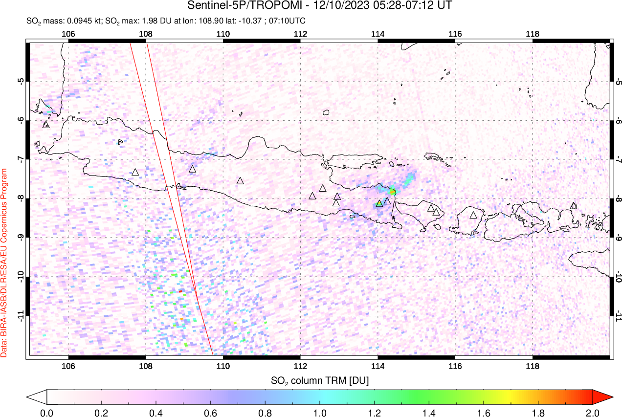 A sulfur dioxide image over Java, Indonesia on Dec 10, 2023.