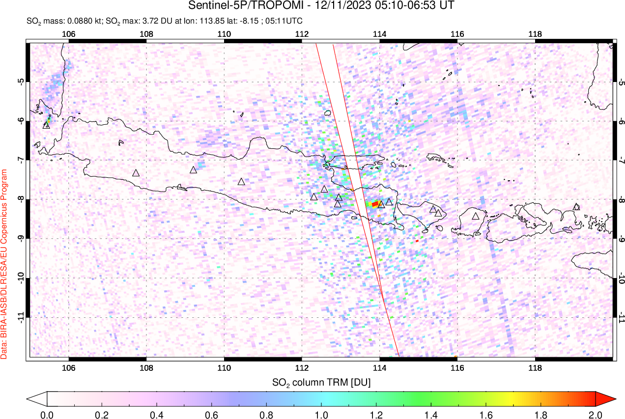 A sulfur dioxide image over Java, Indonesia on Dec 11, 2023.