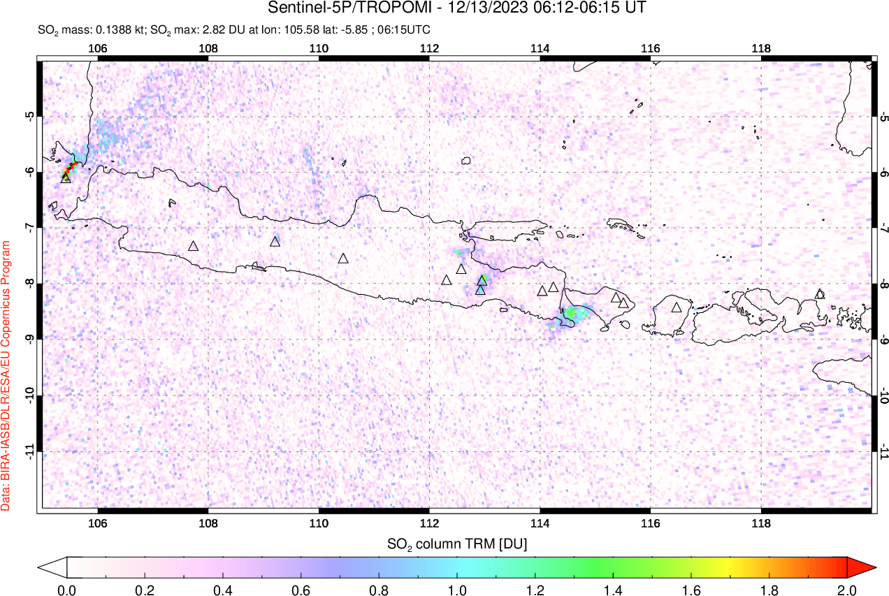 A sulfur dioxide image over Java, Indonesia on Dec 13, 2023.