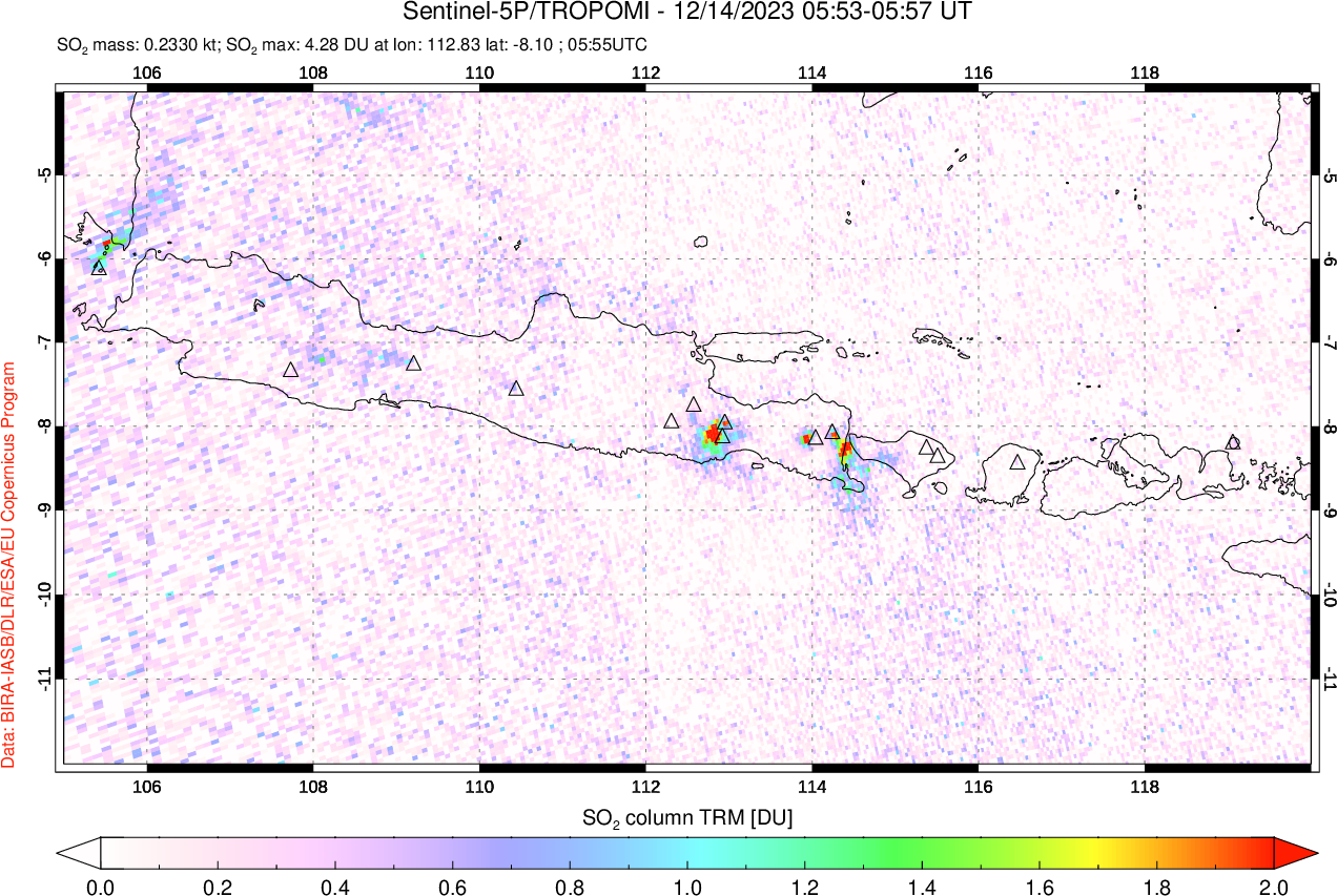A sulfur dioxide image over Java, Indonesia on Dec 14, 2023.