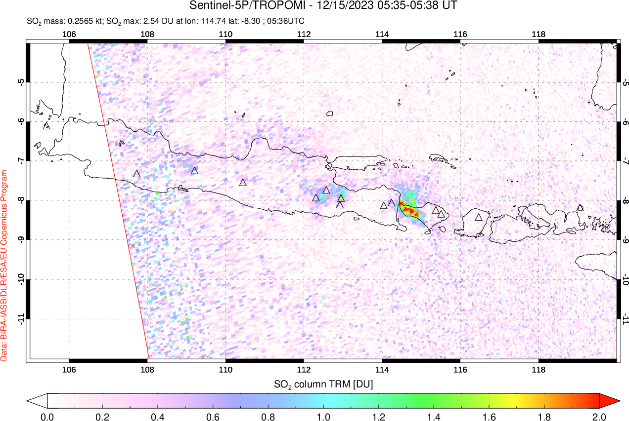 A sulfur dioxide image over Java, Indonesia on Dec 15, 2023.