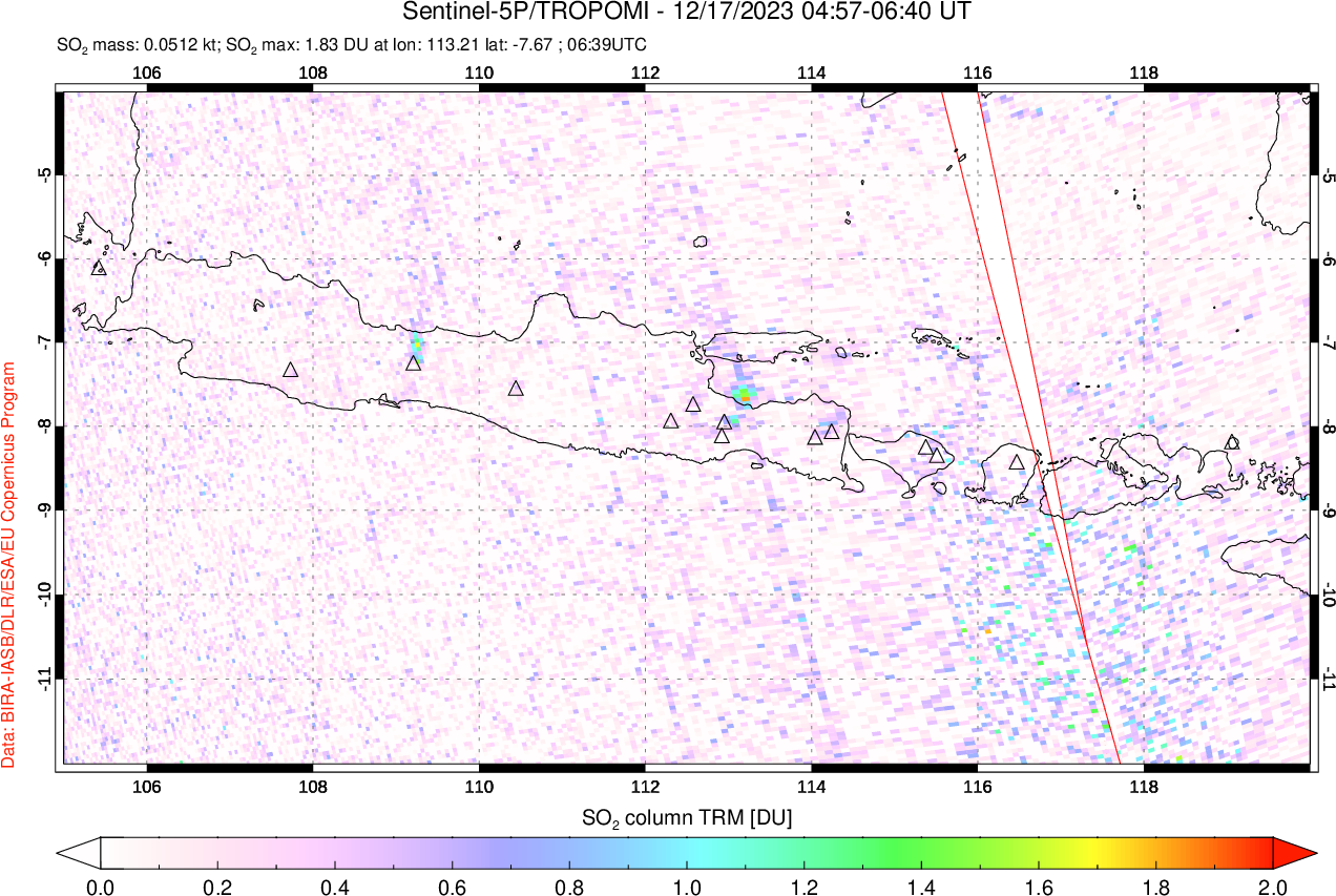 A sulfur dioxide image over Java, Indonesia on Dec 17, 2023.