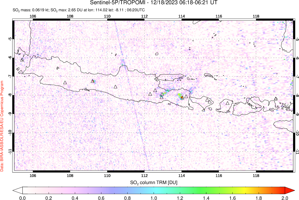 A sulfur dioxide image over Java, Indonesia on Dec 18, 2023.