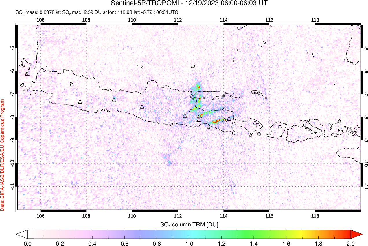 A sulfur dioxide image over Java, Indonesia on Dec 19, 2023.