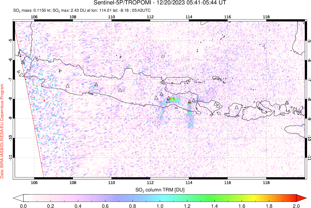 A sulfur dioxide image over Java, Indonesia on Dec 20, 2023.