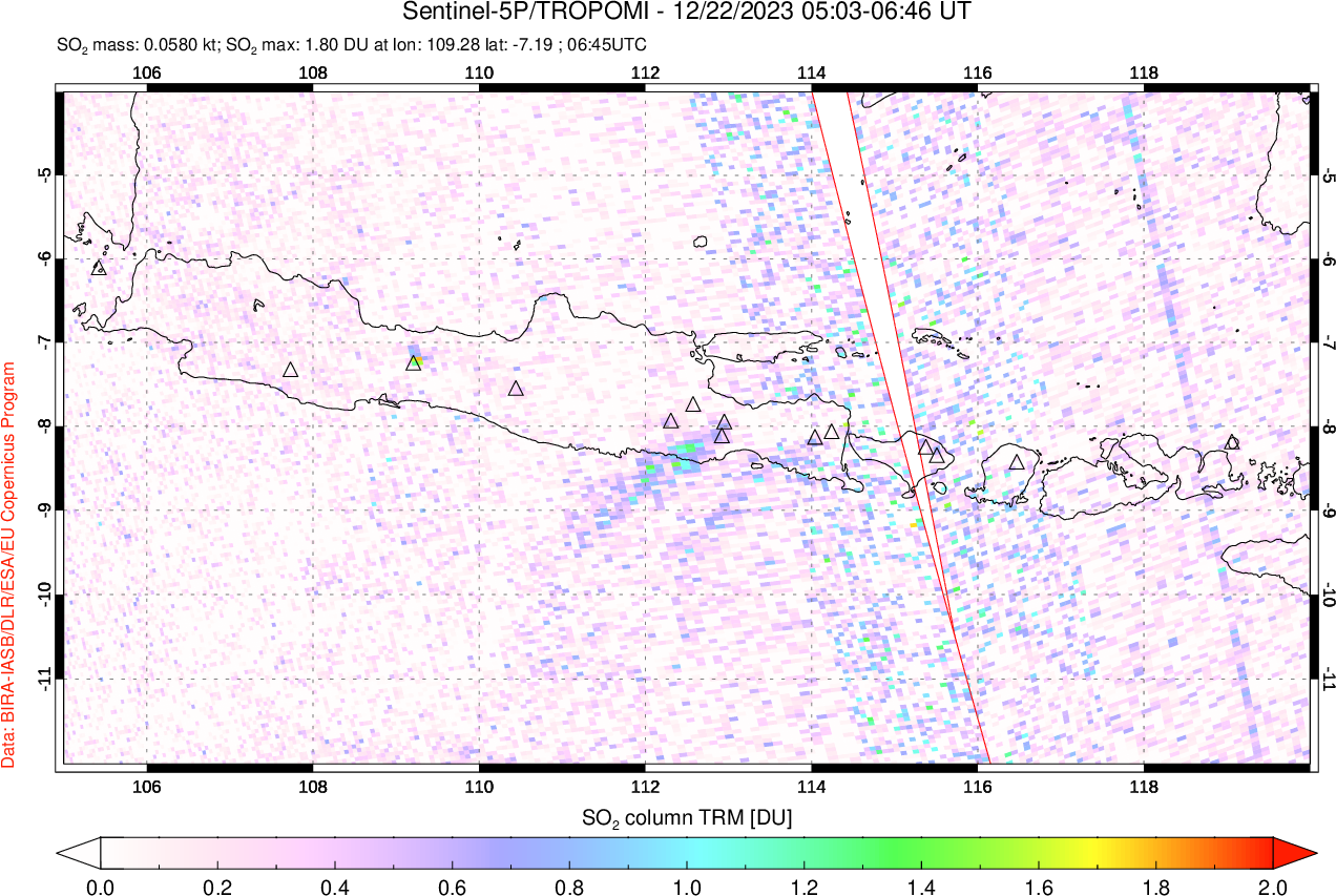 A sulfur dioxide image over Java, Indonesia on Dec 22, 2023.