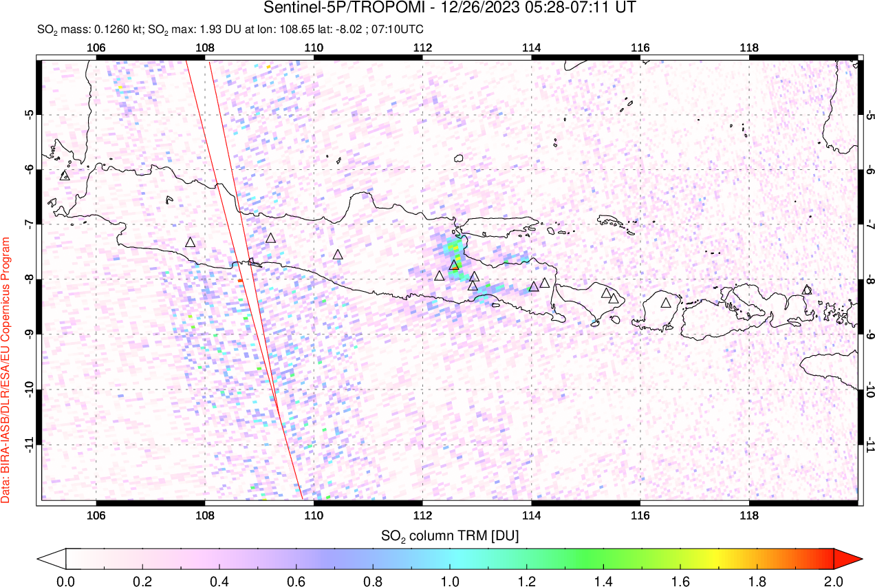 A sulfur dioxide image over Java, Indonesia on Dec 26, 2023.