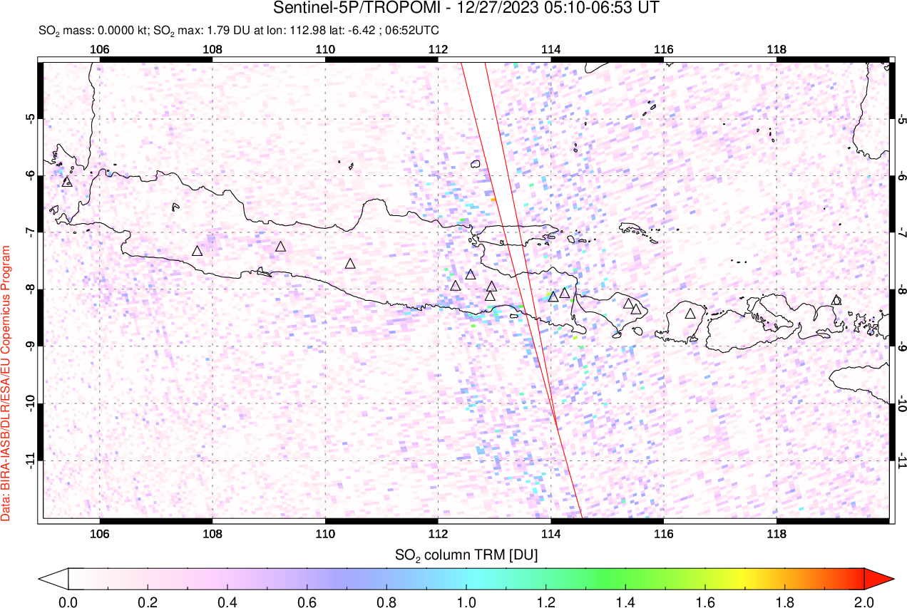 A sulfur dioxide image over Java, Indonesia on Dec 27, 2023.