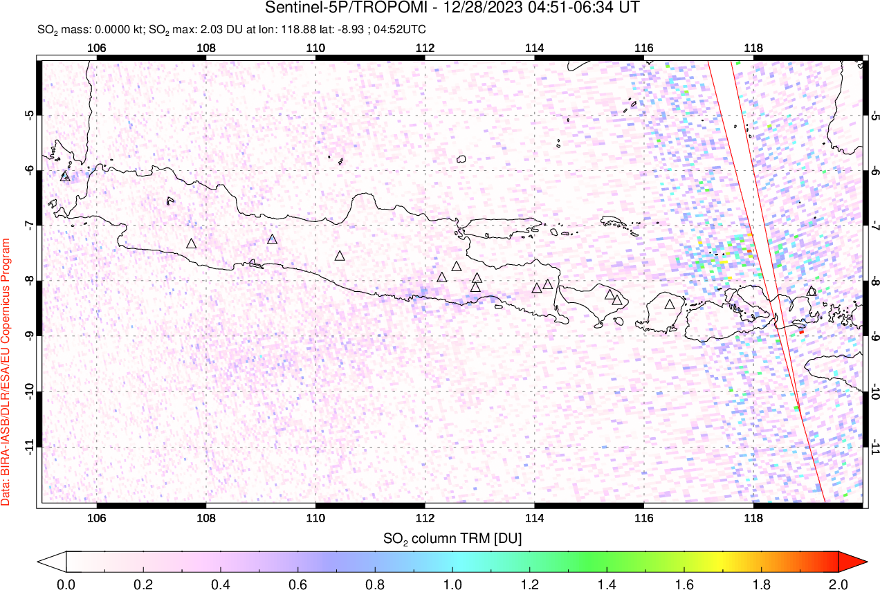 A sulfur dioxide image over Java, Indonesia on Dec 28, 2023.