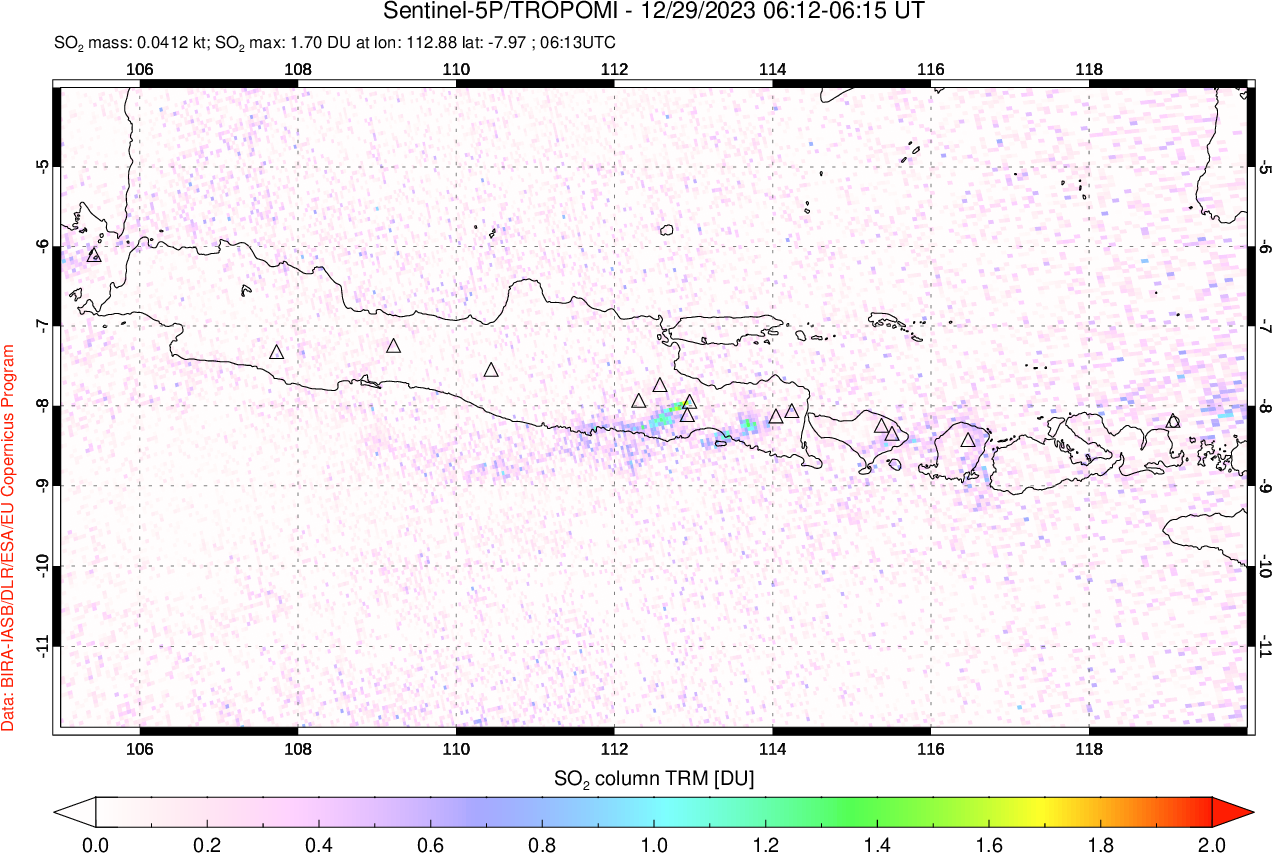 A sulfur dioxide image over Java, Indonesia on Dec 29, 2023.
