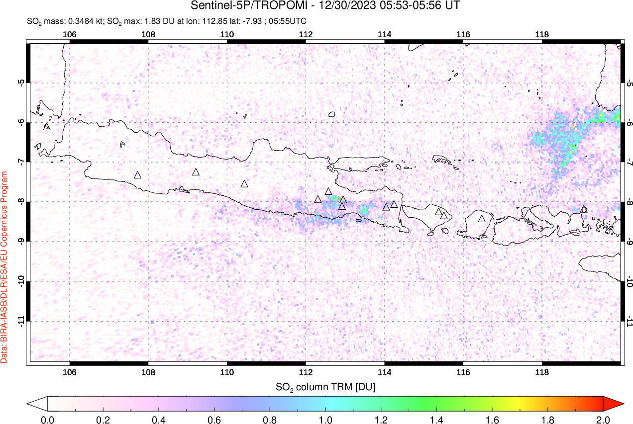 A sulfur dioxide image over Java, Indonesia on Dec 30, 2023.