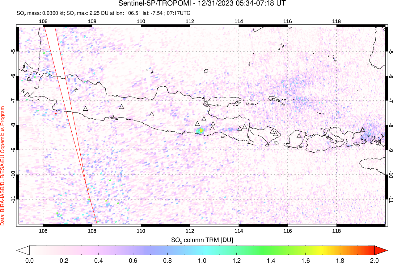 A sulfur dioxide image over Java, Indonesia on Dec 31, 2023.