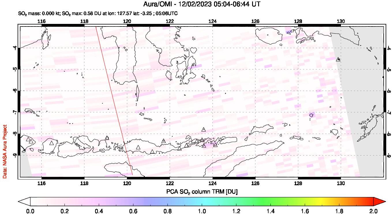 A sulfur dioxide image over Lesser Sunda Islands, Indonesia on Dec 02, 2023.
