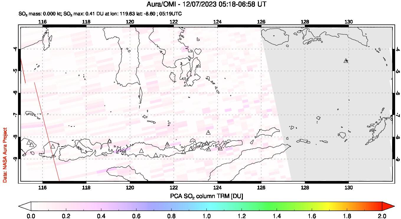 A sulfur dioxide image over Lesser Sunda Islands, Indonesia on Dec 07, 2023.