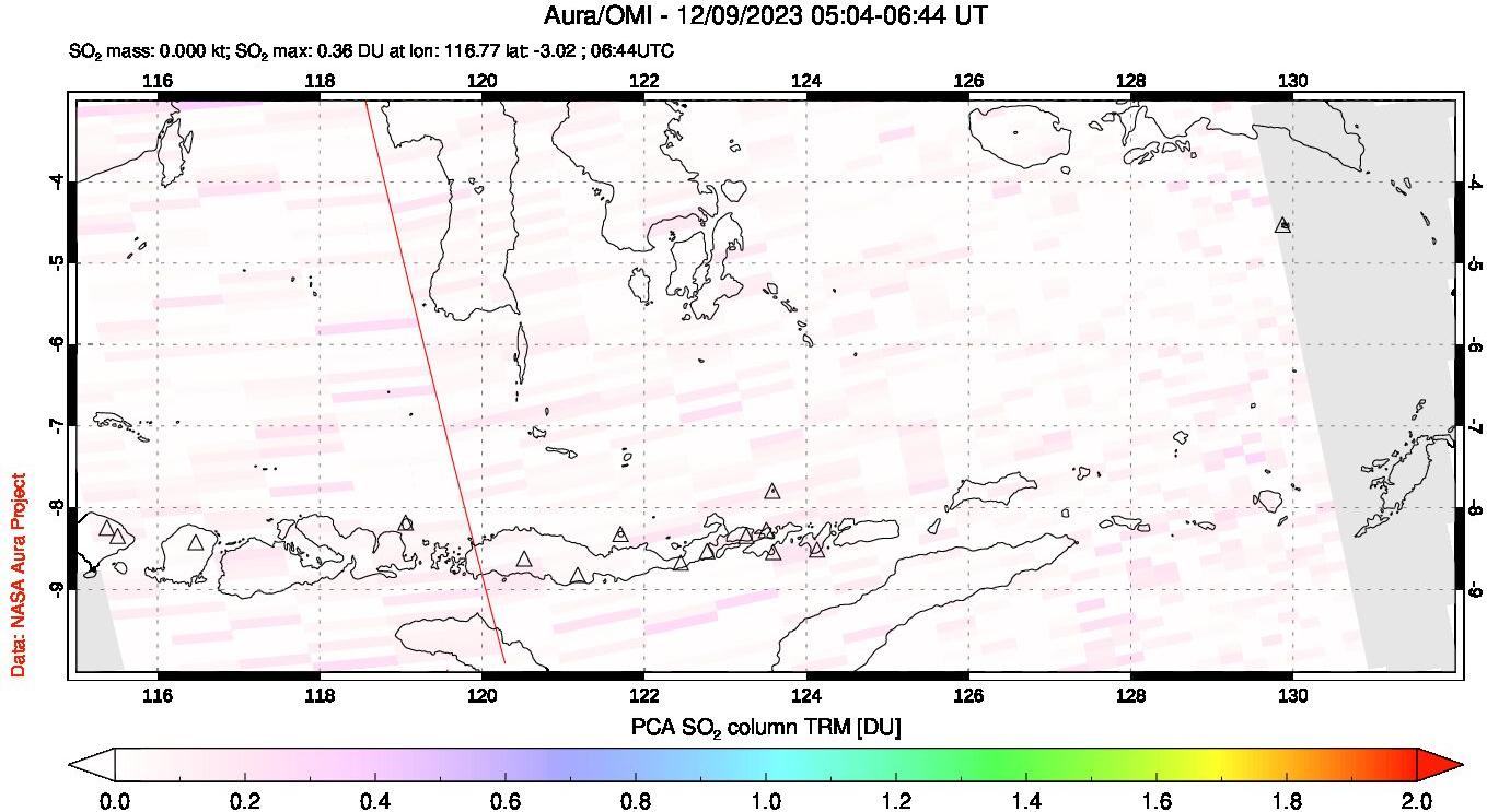 A sulfur dioxide image over Lesser Sunda Islands, Indonesia on Dec 09, 2023.