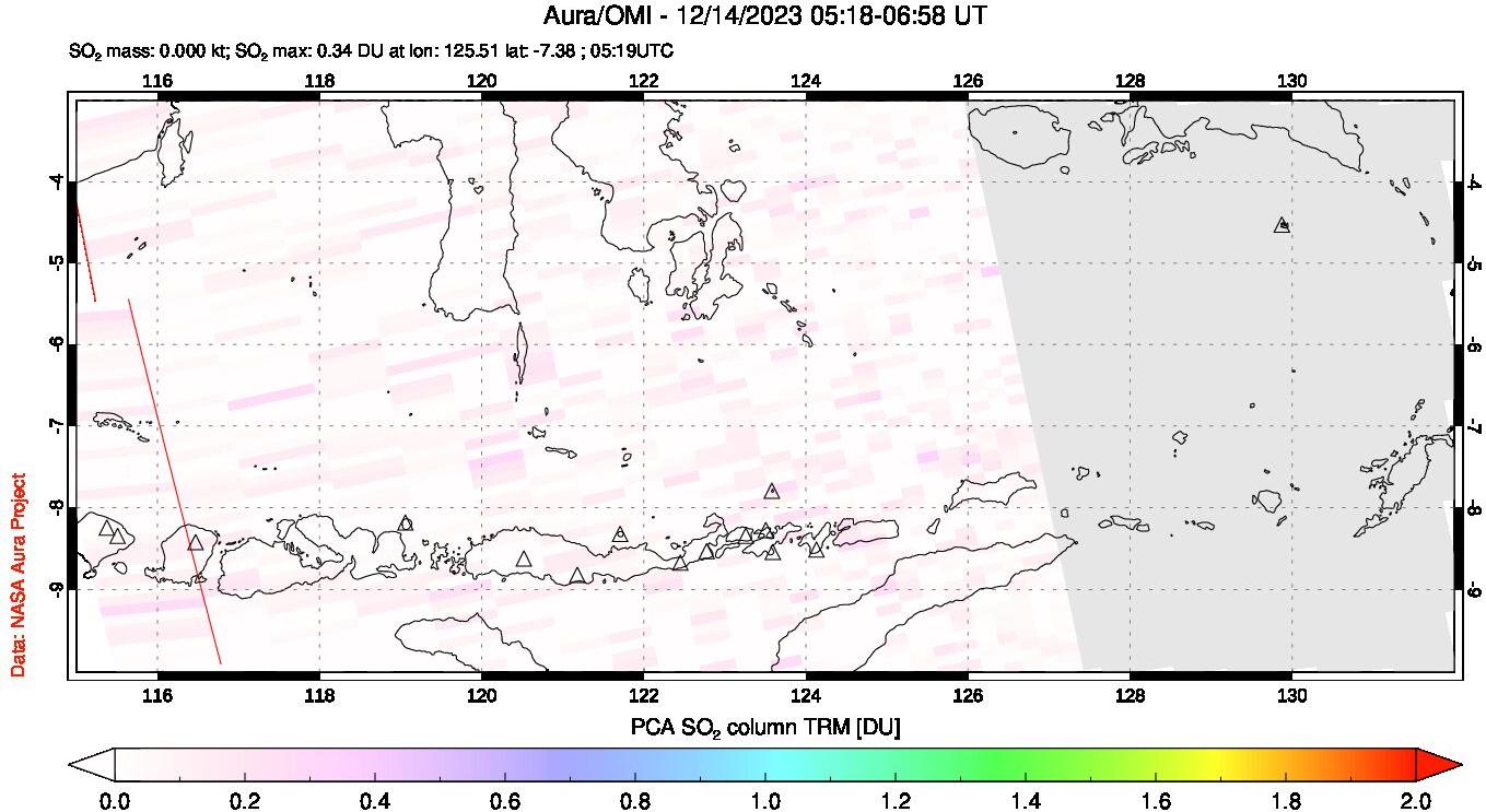 A sulfur dioxide image over Lesser Sunda Islands, Indonesia on Dec 14, 2023.