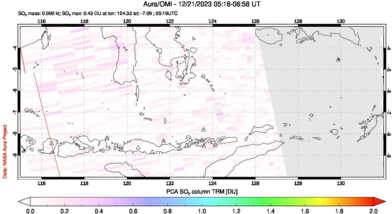 A sulfur dioxide image over Lesser Sunda Islands, Indonesia on Dec 21, 2023.