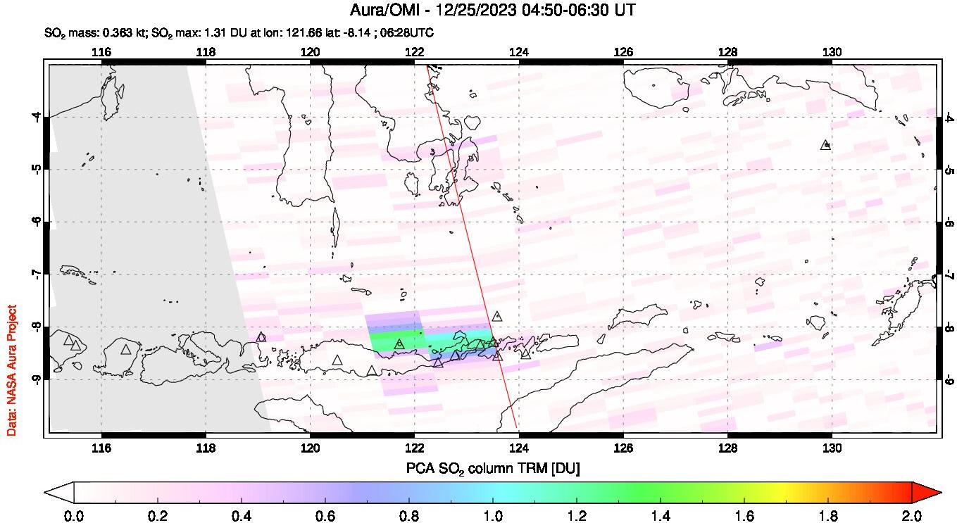 A sulfur dioxide image over Lesser Sunda Islands, Indonesia on Dec 25, 2023.
