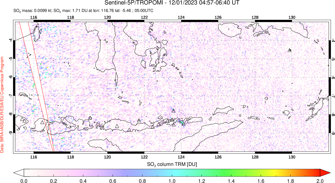 A sulfur dioxide image over Lesser Sunda Islands, Indonesia on Dec 01, 2023.