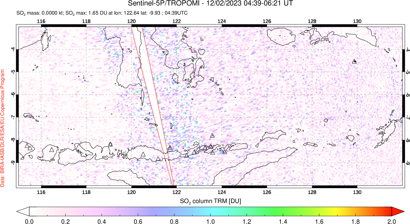 A sulfur dioxide image over Lesser Sunda Islands, Indonesia on Dec 02, 2023.