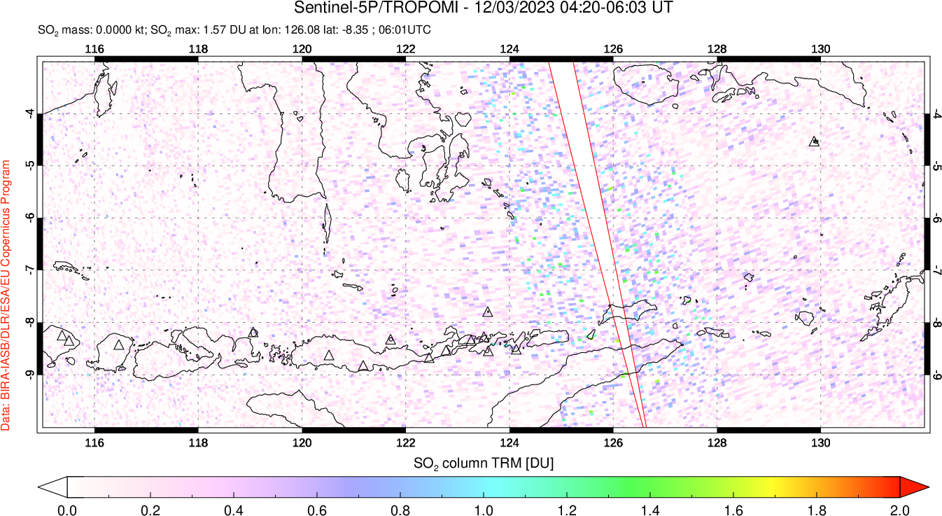 A sulfur dioxide image over Lesser Sunda Islands, Indonesia on Dec 03, 2023.