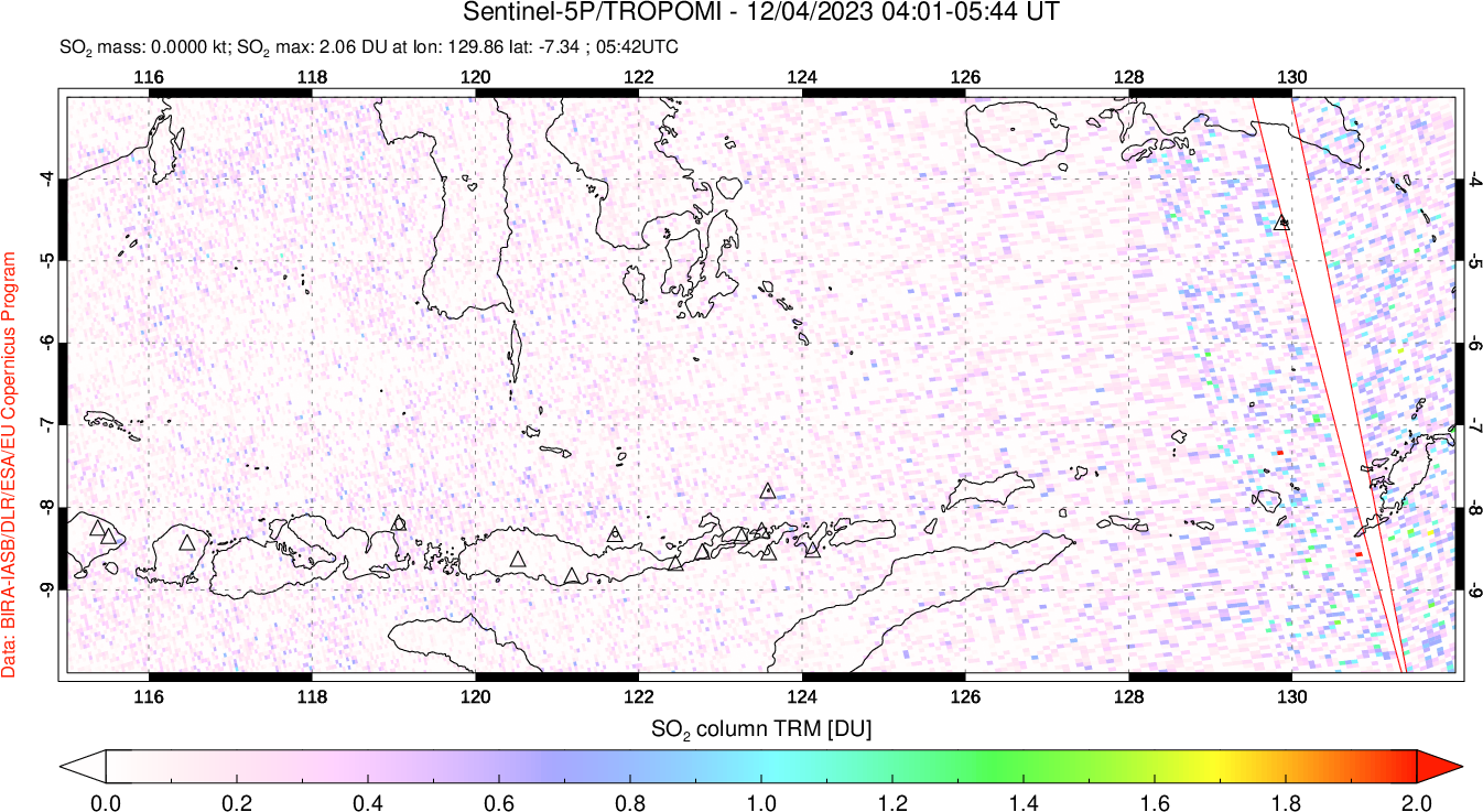 A sulfur dioxide image over Lesser Sunda Islands, Indonesia on Dec 04, 2023.