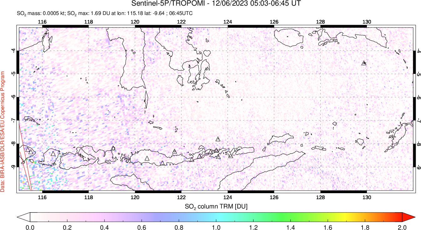 A sulfur dioxide image over Lesser Sunda Islands, Indonesia on Dec 06, 2023.