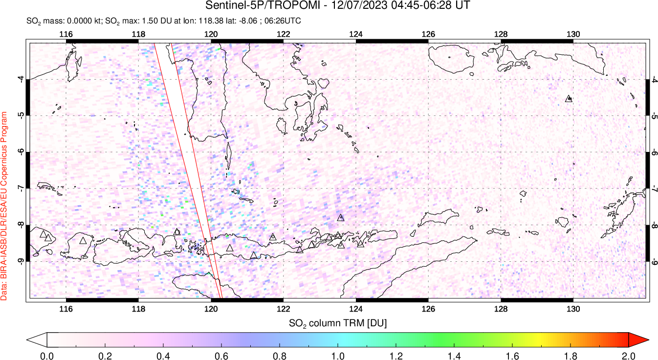 A sulfur dioxide image over Lesser Sunda Islands, Indonesia on Dec 07, 2023.