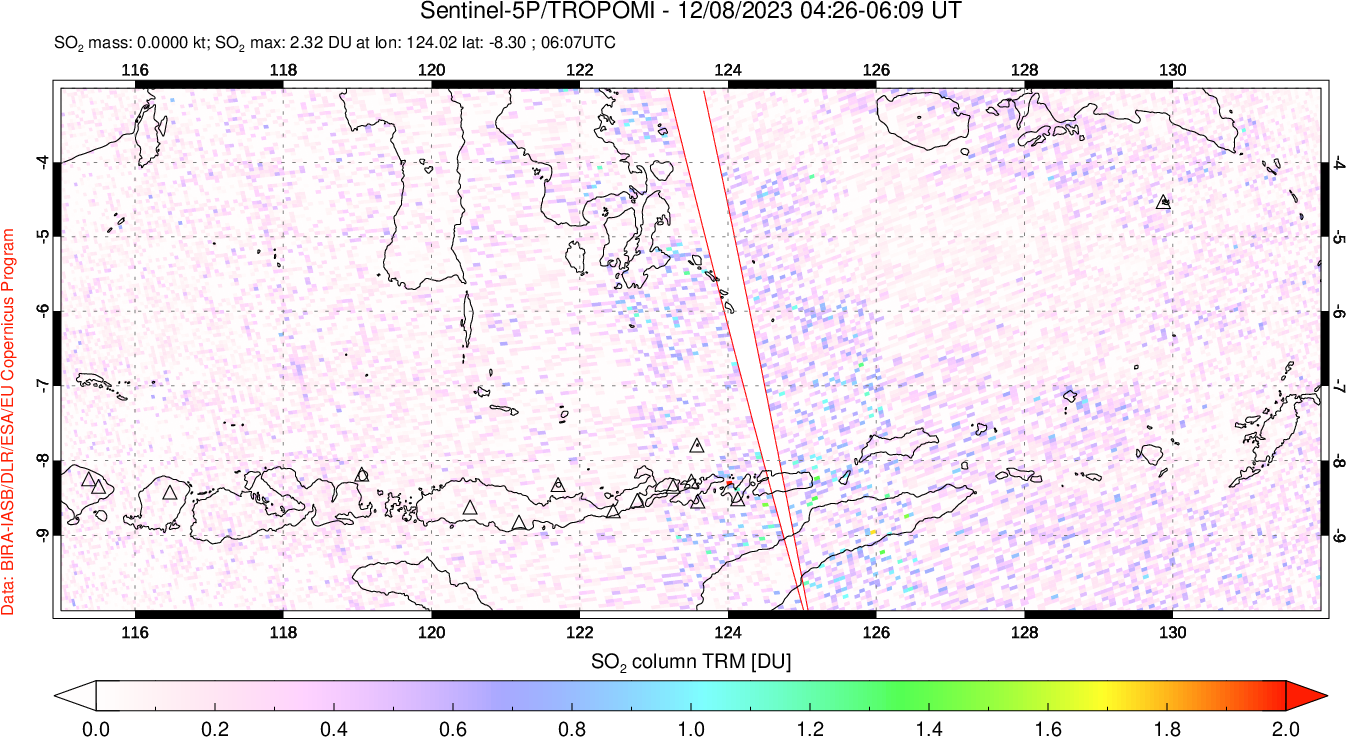 A sulfur dioxide image over Lesser Sunda Islands, Indonesia on Dec 08, 2023.