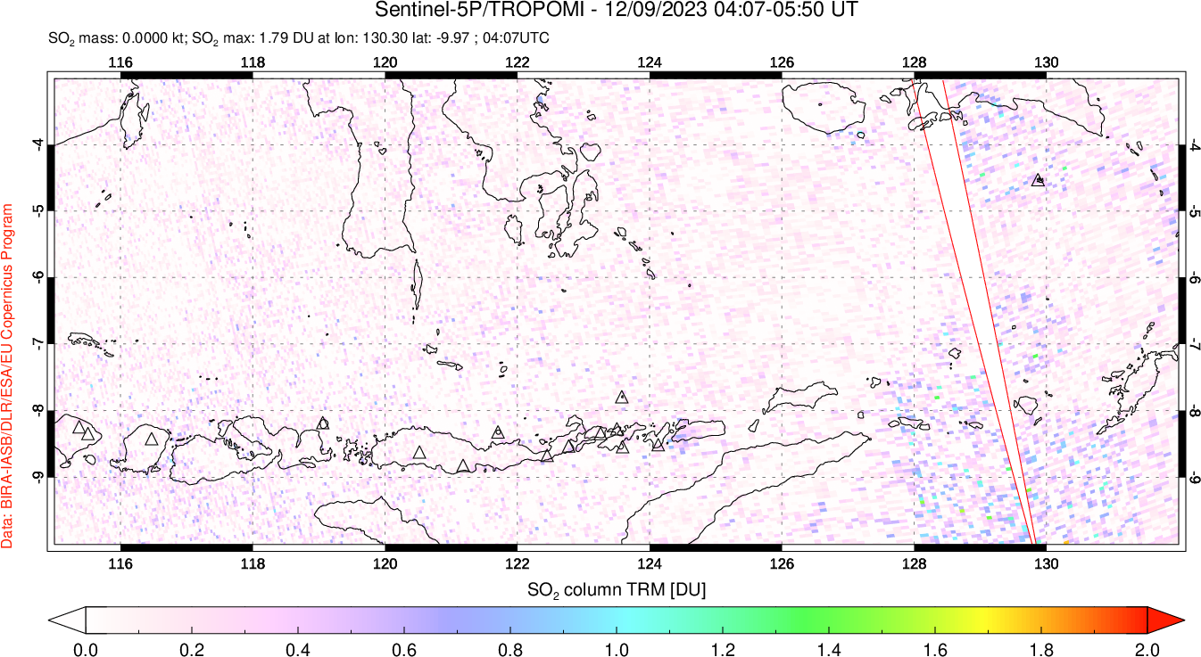 A sulfur dioxide image over Lesser Sunda Islands, Indonesia on Dec 09, 2023.