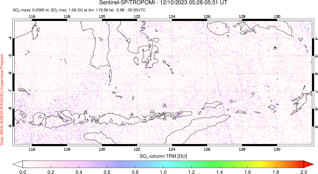 A sulfur dioxide image over Lesser Sunda Islands, Indonesia on Dec 10, 2023.