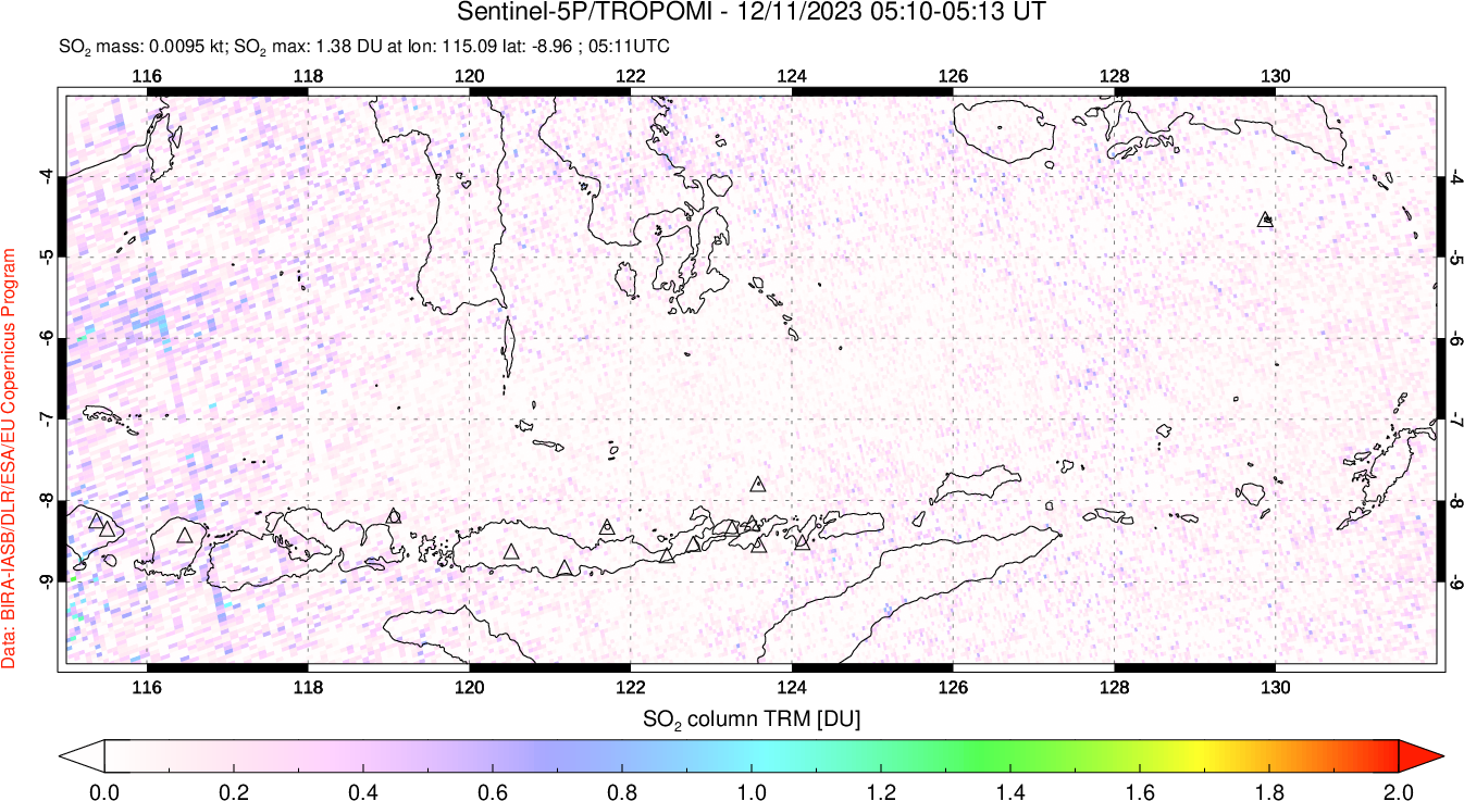 A sulfur dioxide image over Lesser Sunda Islands, Indonesia on Dec 11, 2023.