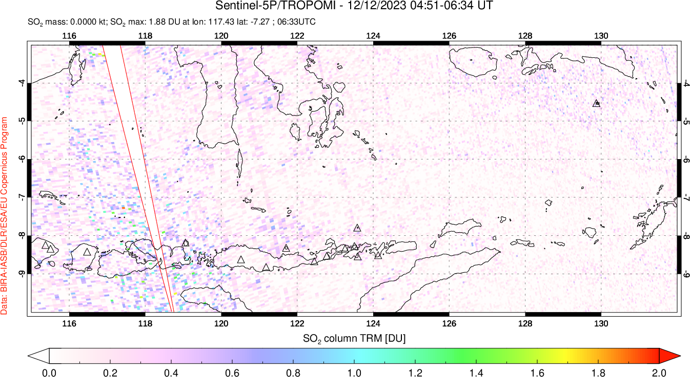 A sulfur dioxide image over Lesser Sunda Islands, Indonesia on Dec 12, 2023.