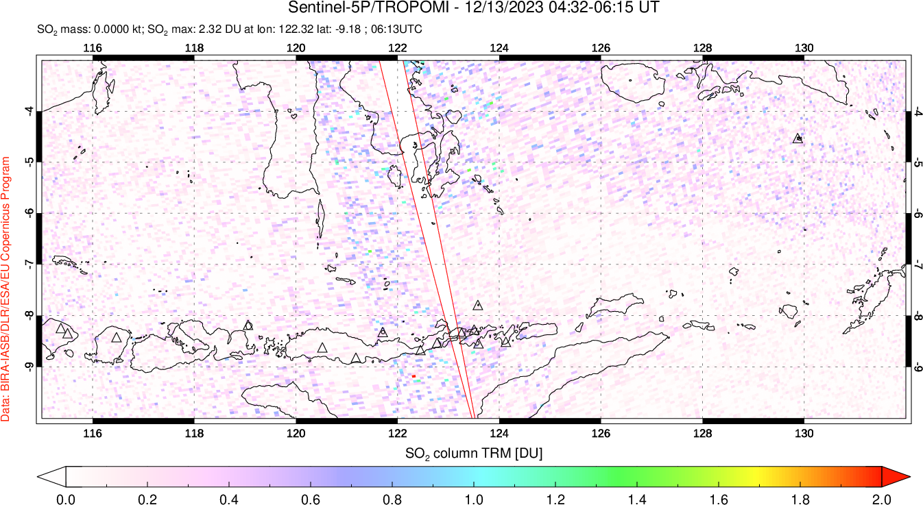 A sulfur dioxide image over Lesser Sunda Islands, Indonesia on Dec 13, 2023.