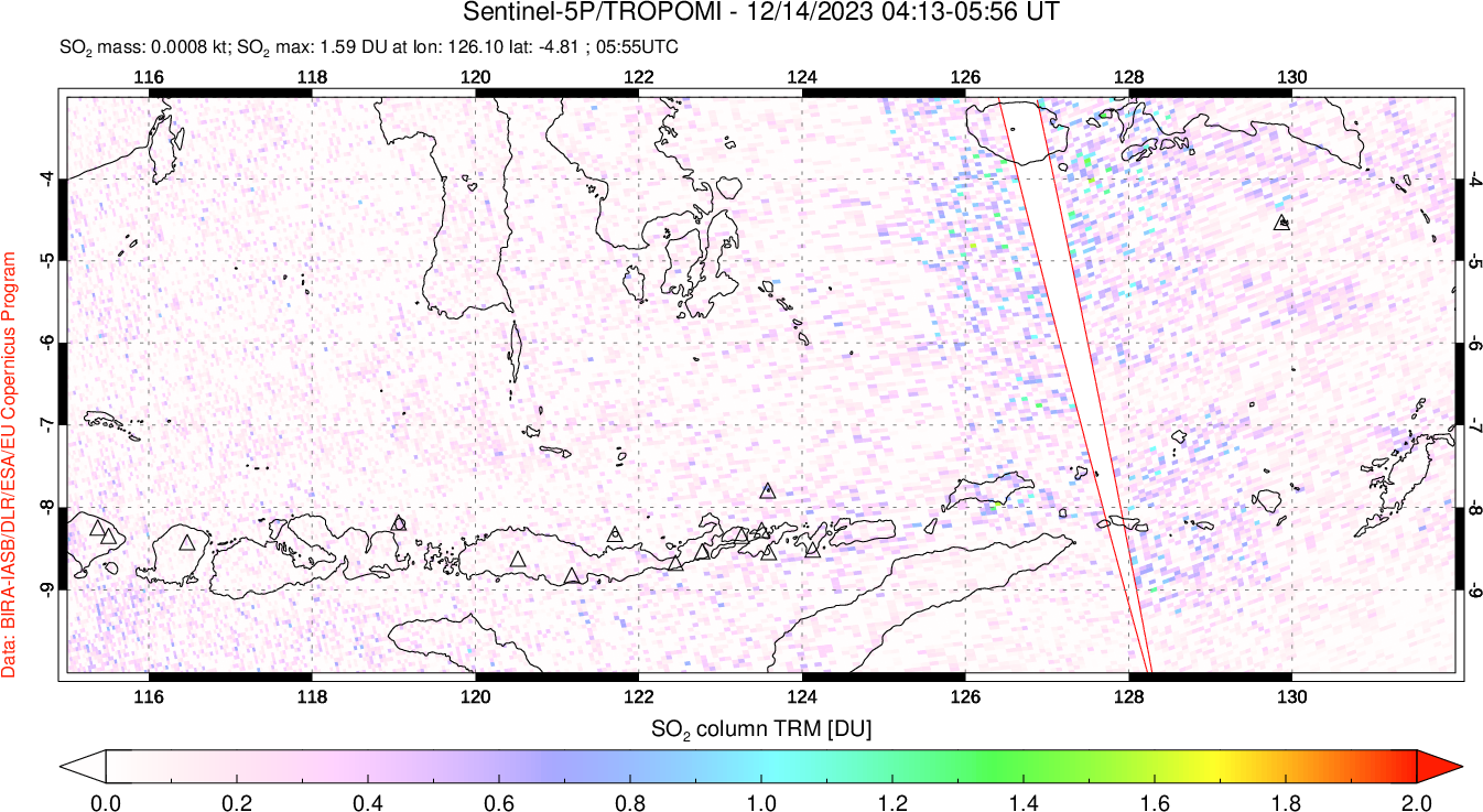 A sulfur dioxide image over Lesser Sunda Islands, Indonesia on Dec 14, 2023.