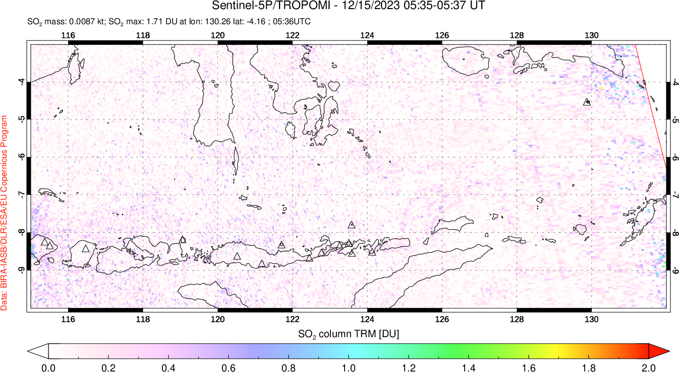 A sulfur dioxide image over Lesser Sunda Islands, Indonesia on Dec 15, 2023.